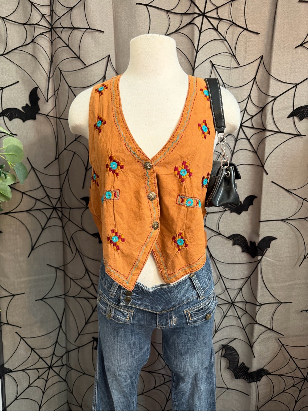 Vintage southwestern Embroidered Orange Sleeveless Button-Front Vest